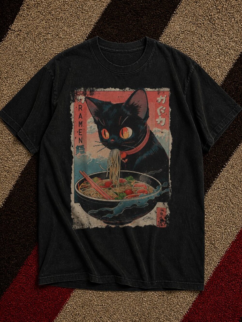 Ramen Cat Graphic T-Shirt Vintage Japanese Streetwear Y2K Heavy Cotton  Tee
